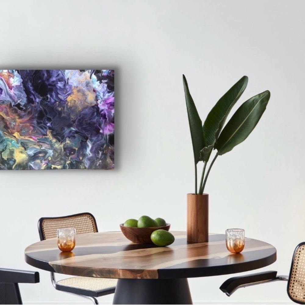16x20 Unique Abstract Acrylic Painting Canvas Purple Teal Gold Silver Artwork